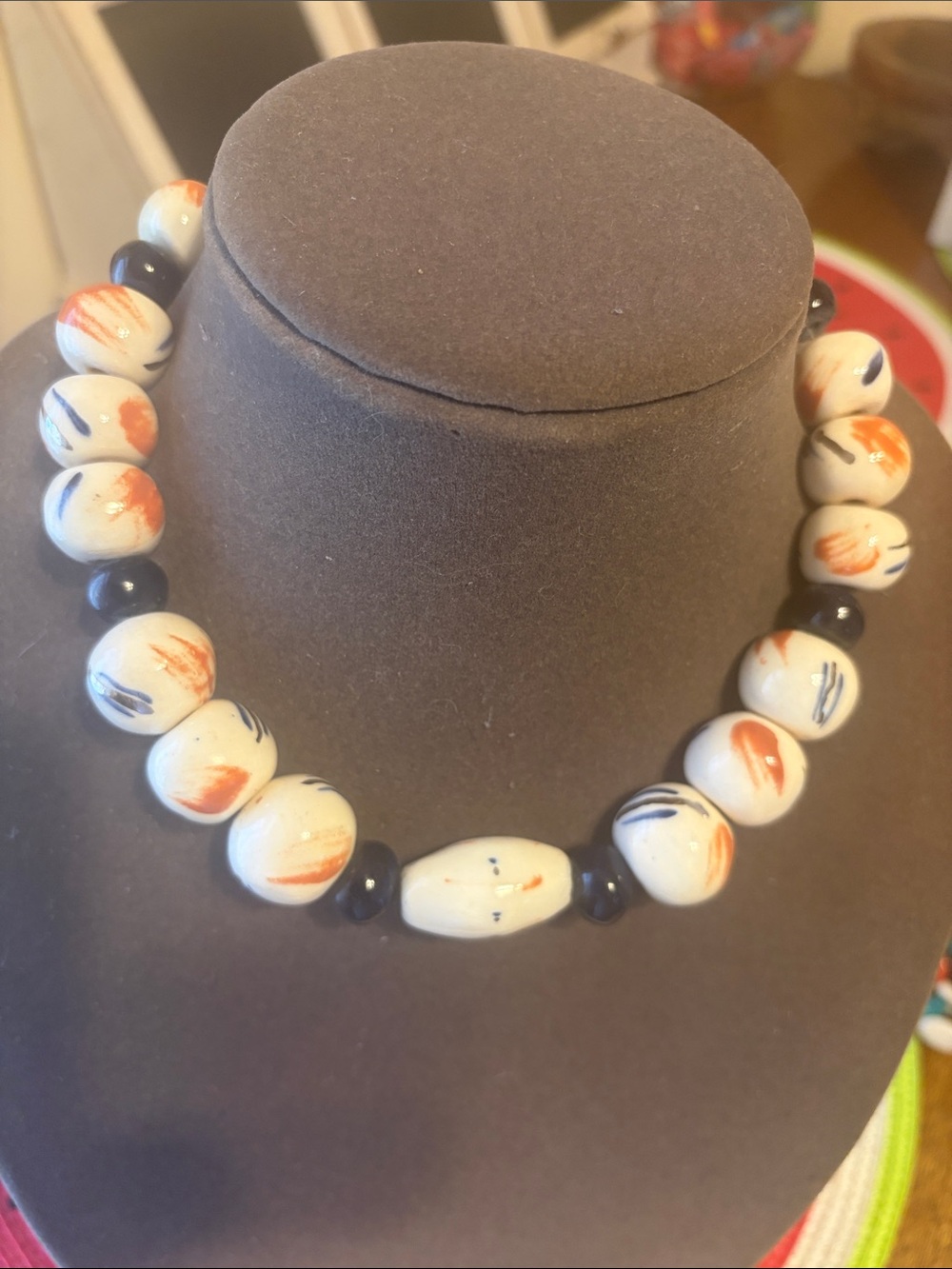 Vintage Cream Ceramic Bead Necklace with Navy & Orange Brushstrokes